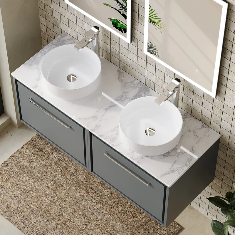 Lille 1200mm Wall Hung 2 Drawer Vanity Unit & Carrera Marble Worktop - Coastal Grey Matt