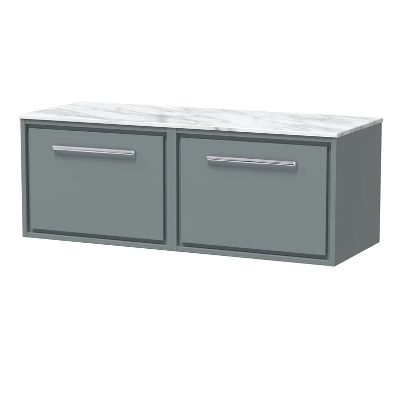 Lille 1200mm Wall Hung 2 Drawer Vanity Unit & Carrera Marble Worktop - Coastal Grey Matt