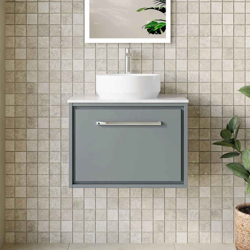 Lille 600mm Wall Hung 1 Drawer Vanity Unit & Grey Marble Worktop - Coastal Grey Matt