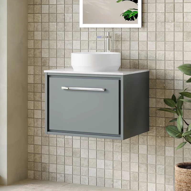 Lille 600mm Wall Hung 1 Drawer Vanity Unit & Grey Marble Worktop - Coastal Grey Matt