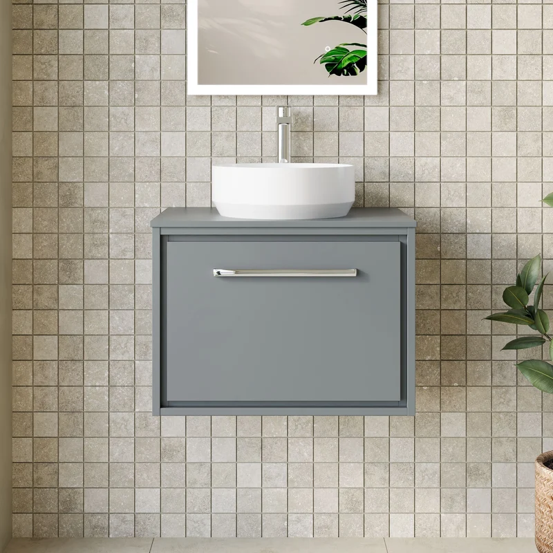 Lille 600mm Wall Hung 1 Drawer Vanity Unit & Worktop - Coastal Grey Matt