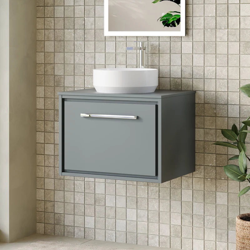 Lille 600mm Wall Hung 1 Drawer Vanity Unit & Worktop - Coastal Grey Matt