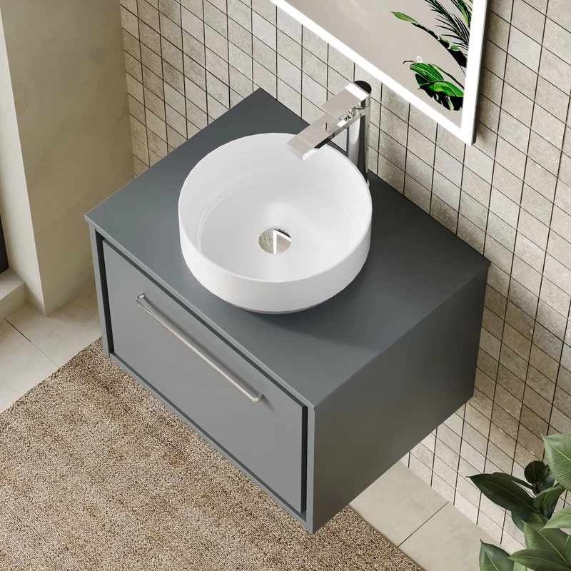 Lille 600mm Wall Hung 1 Drawer Vanity Unit & Worktop - Coastal Grey Matt