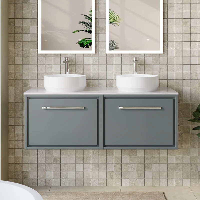 Lille 1200mm Wall Hung 2 Drawer Vanity Unit & Grey Marble Worktop - Coastal Grey Matt
