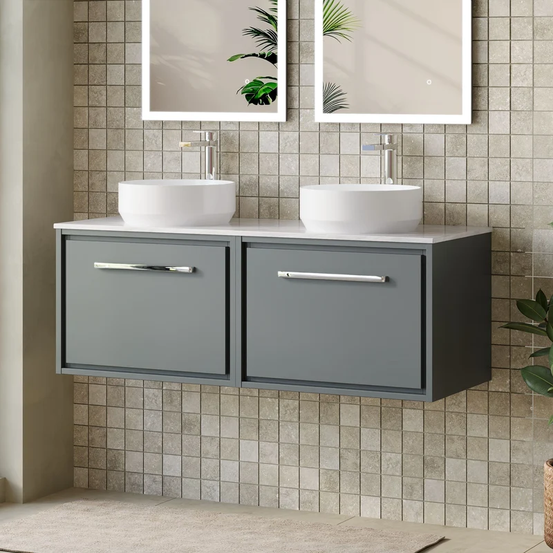 Lille 1200mm Wall Hung 2 Drawer Vanity Unit & Grey Marble Worktop - Coastal Grey Matt