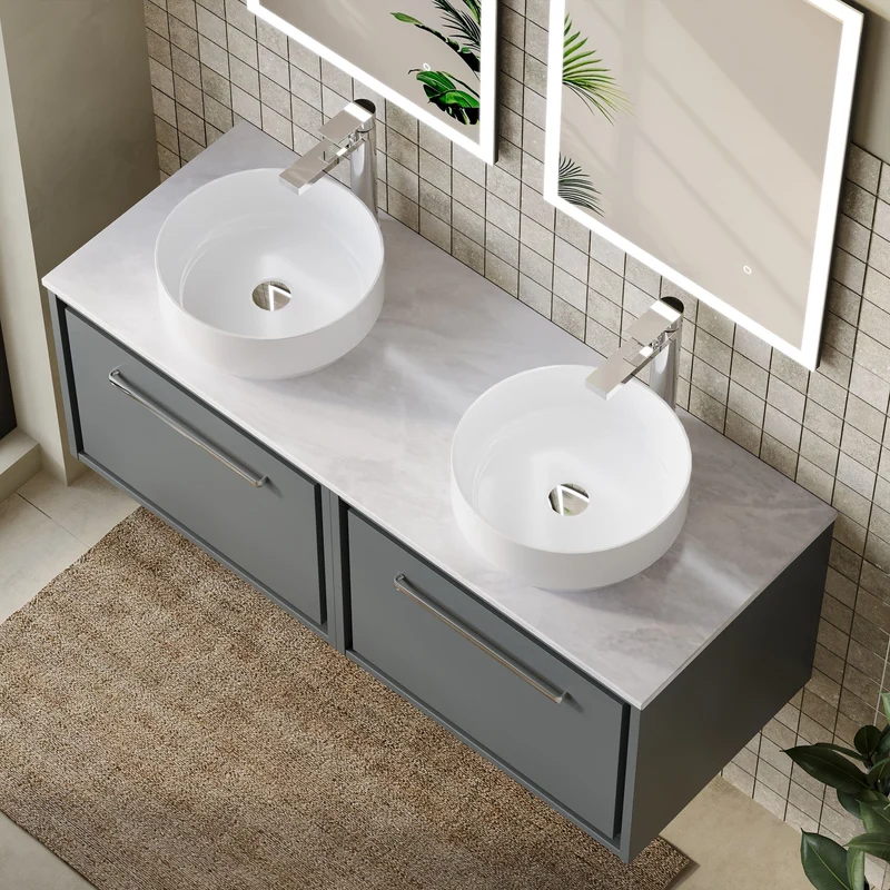 Lille 1200mm Wall Hung 2 Drawer Vanity Unit & Grey Marble Worktop - Coastal Grey Matt