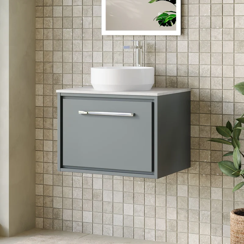 Lille 600mm Wall Hung 1 Drawer Vanity Unit & White Marble Worktop - Coastal Grey Matt