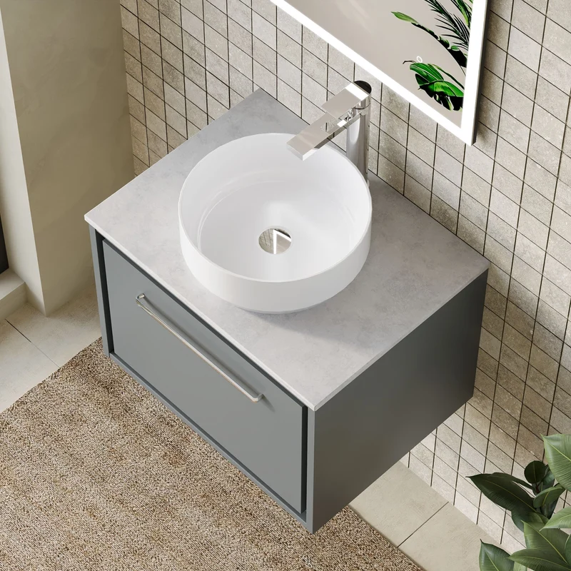 Lille 600mm Wall Hung 1 Drawer Vanity Unit & White Marble Worktop - Coastal Grey Matt