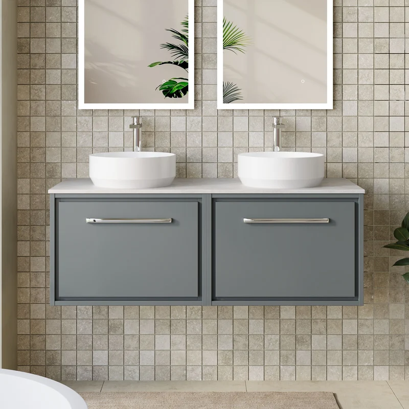 Lille 1200mm Wall Hung 2 Drawer Vanity Unit & White Marble Worktop - Coastal Grey Matt