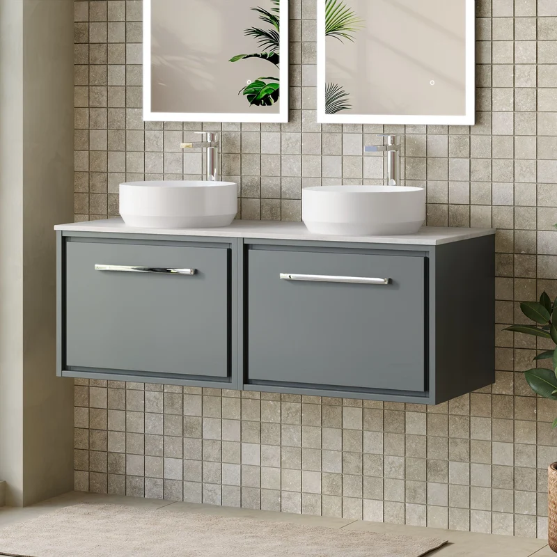 Lille 1200mm Wall Hung 2 Drawer Vanity Unit & White Marble Worktop - Coastal Grey Matt