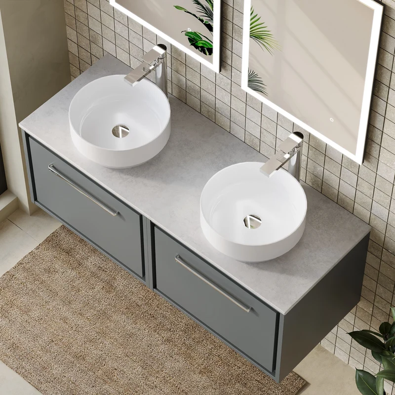 Lille 1200mm Wall Hung 2 Drawer Vanity Unit & White Marble Worktop - Coastal Grey Matt
