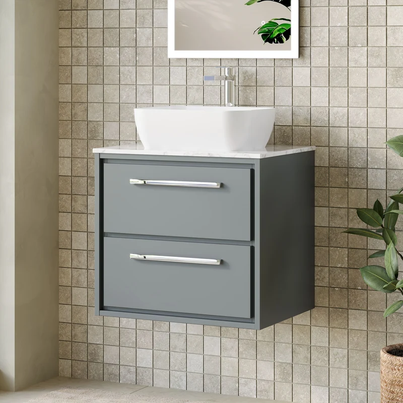 Lille 600mm Wall Hung 2 Drawer Vanity Unit & Carrera Marble Worktop - Coastal Grey Matt