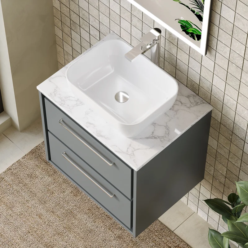 Lille 600mm Wall Hung 2 Drawer Vanity Unit & Carrera Marble Worktop - Coastal Grey Matt