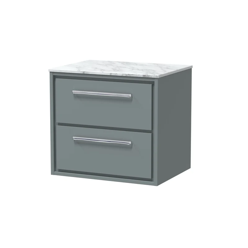 Lille 600mm Wall Hung 2 Drawer Vanity Unit & Carrera Marble Worktop - Coastal Grey Matt