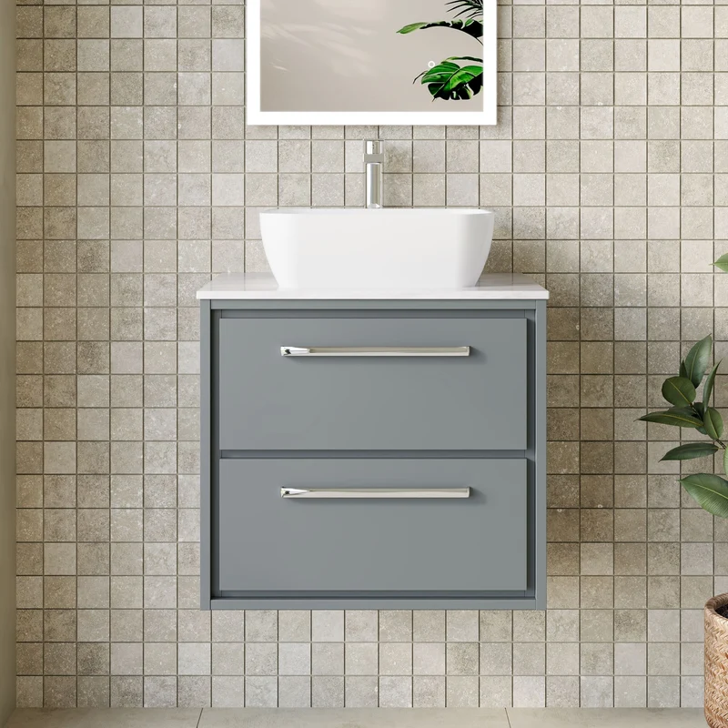 Lille 600mm Wall Hung 2 Drawer Vanity Unit & Grey Marble Worktop - Coastal Grey Matt
