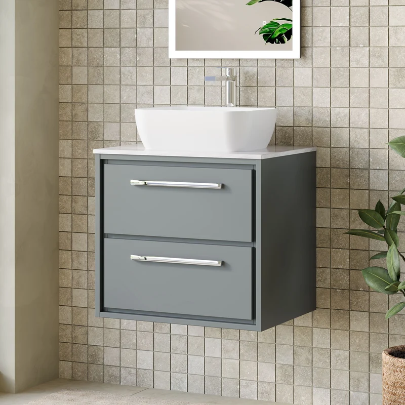 Lille 600mm Wall Hung 2 Drawer Vanity Unit & Grey Marble Worktop - Coastal Grey Matt