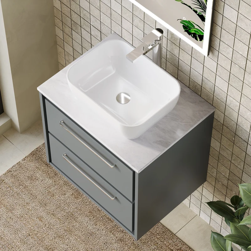 Lille 600mm Wall Hung 2 Drawer Vanity Unit & Grey Marble Worktop - Coastal Grey Matt