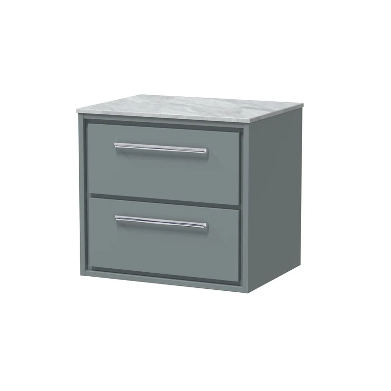 Lille 600mm Wall Hung 2 Drawer Vanity Unit & Grey Marble Worktop - Coastal Grey Matt