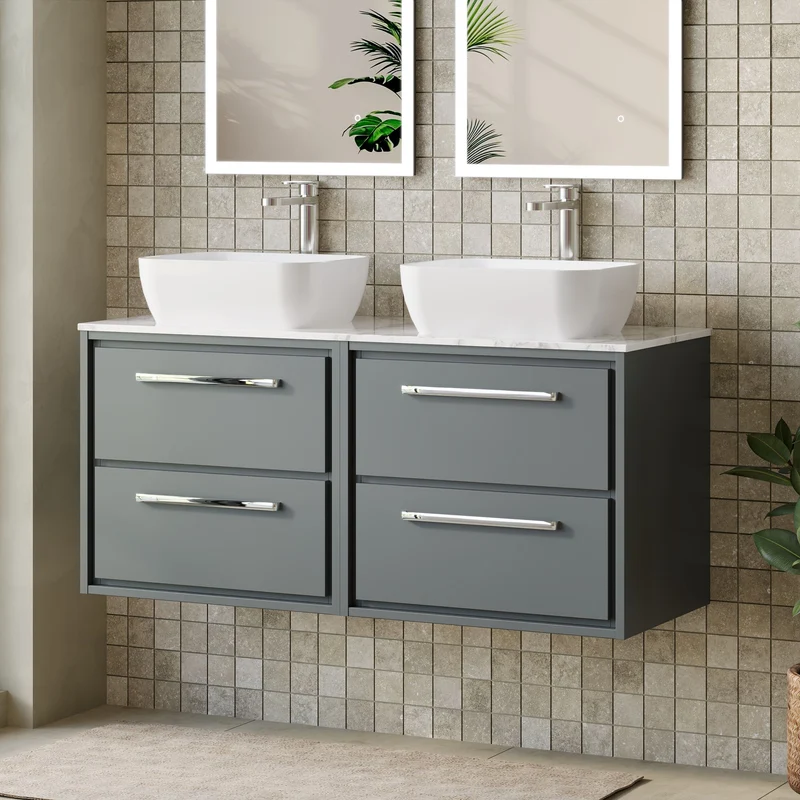 Lille 1200mm Wall Hung 4 Drawer Vanity Unit & Carrera Marble Worktop - Coastal Grey Matt