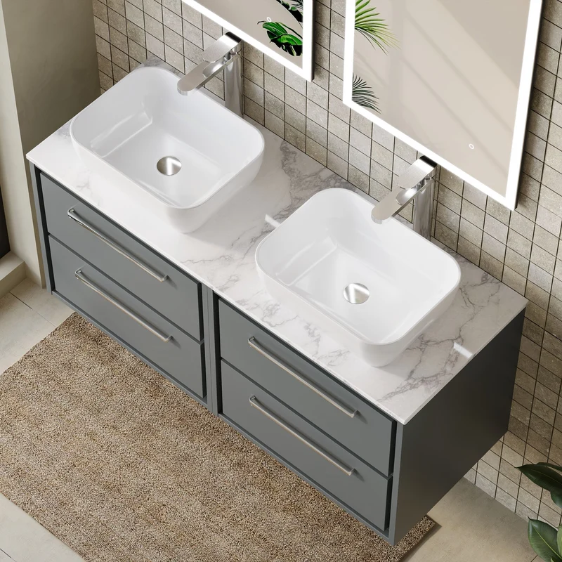Lille 1200mm Wall Hung 4 Drawer Vanity Unit & Carrera Marble Worktop - Coastal Grey Matt