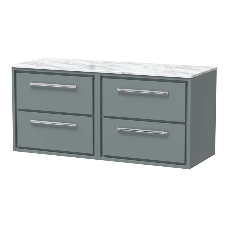 Lille 1200mm Wall Hung 4 Drawer Vanity Unit & Carrera Marble Worktop - Coastal Grey Matt