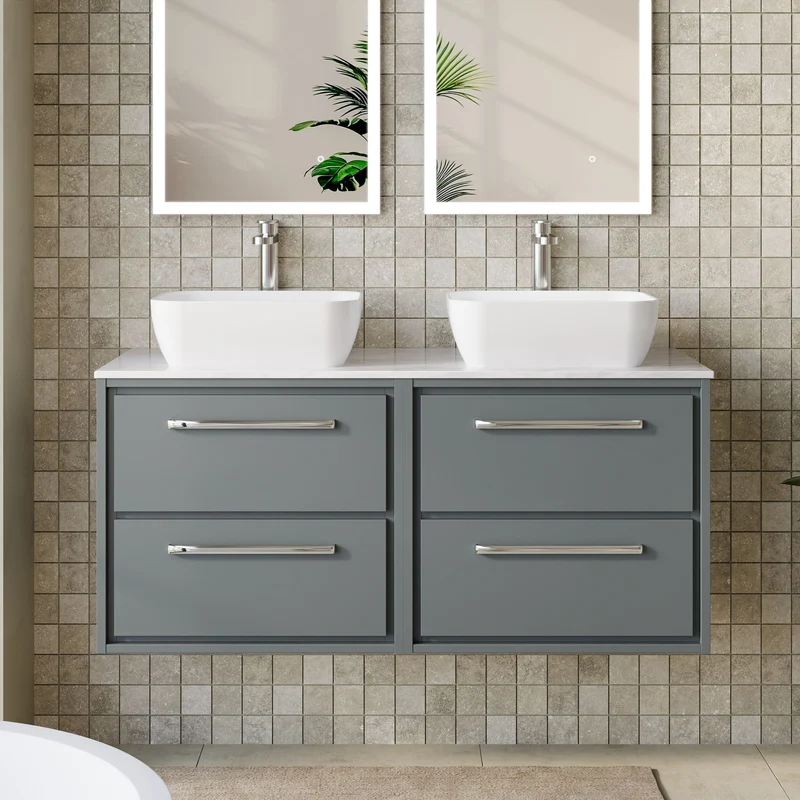 Lille 1200mm Wall Hung 4 Drawer Vanity Unit & Grey Marble Worktop - Coastal Grey Matt