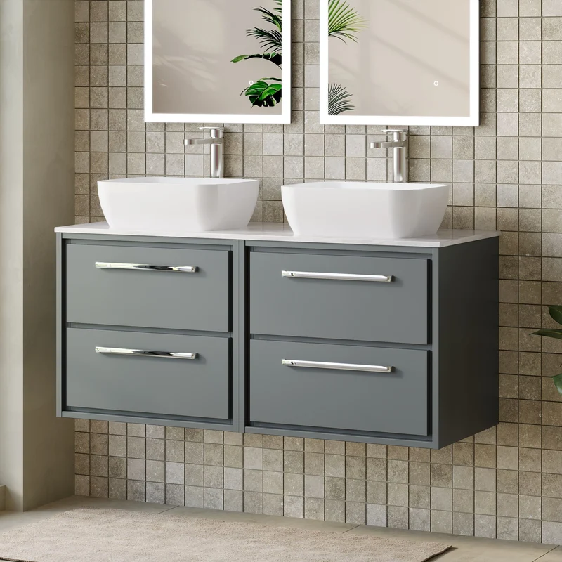 Lille 1200mm Wall Hung 4 Drawer Vanity Unit & Grey Marble Worktop - Coastal Grey Matt