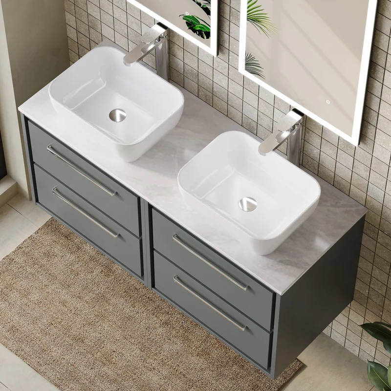 Lille 1200mm Wall Hung 4 Drawer Vanity Unit & Grey Marble Worktop - Coastal Grey Matt