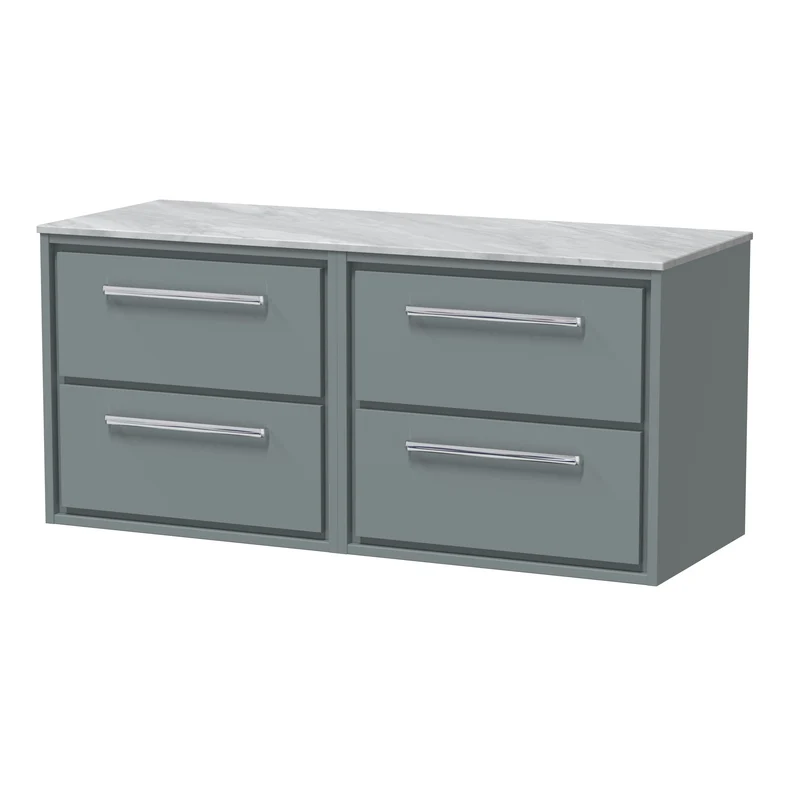Lille 1200mm Wall Hung 4 Drawer Vanity Unit & Grey Marble Worktop - Coastal Grey Matt