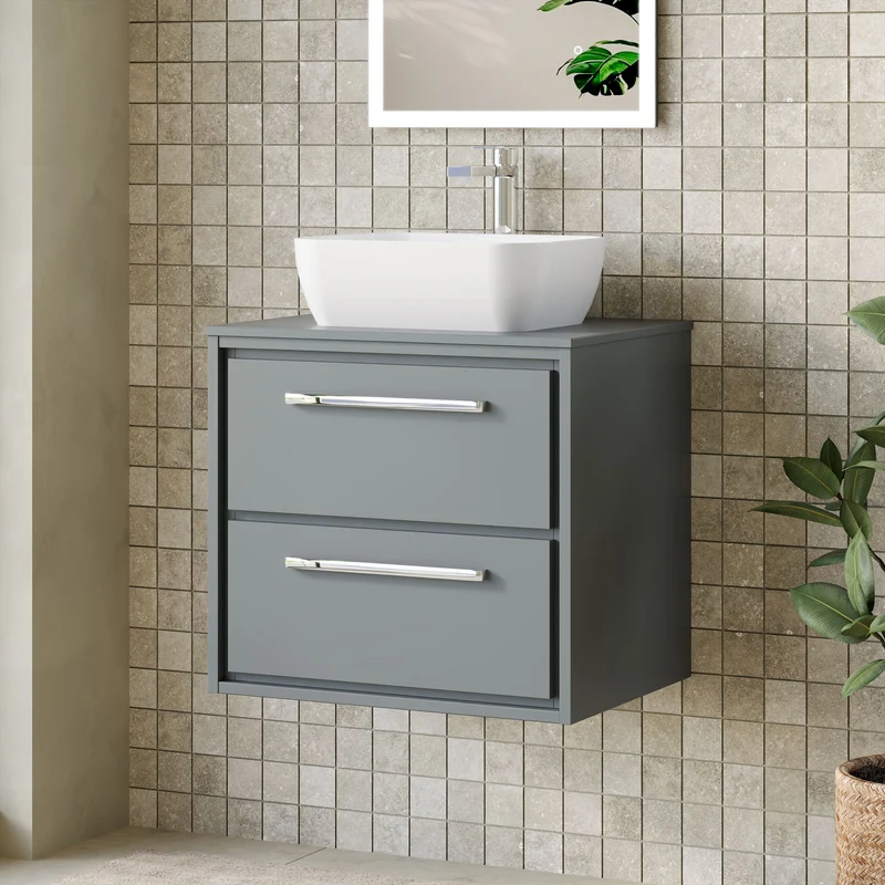 Lille 600mm Wall Hung 2 Drawer Vanity Unit & Worktop - Coastal Grey Matt