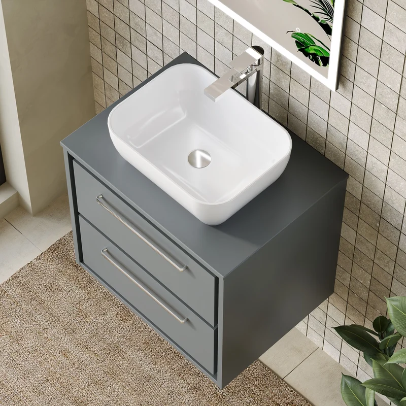 Lille 600mm Wall Hung 2 Drawer Vanity Unit & Worktop - Coastal Grey Matt