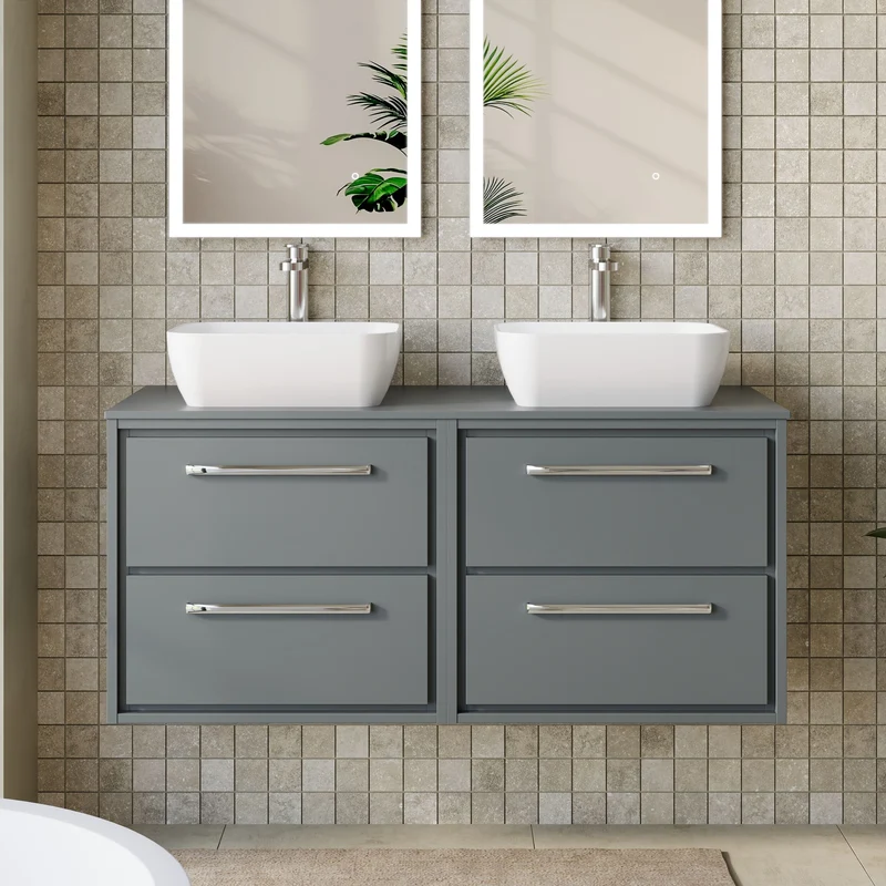 Lille 1200mm Wall Hung 4 Drawer Vanity Unit & Worktop - Coastal Grey Matt