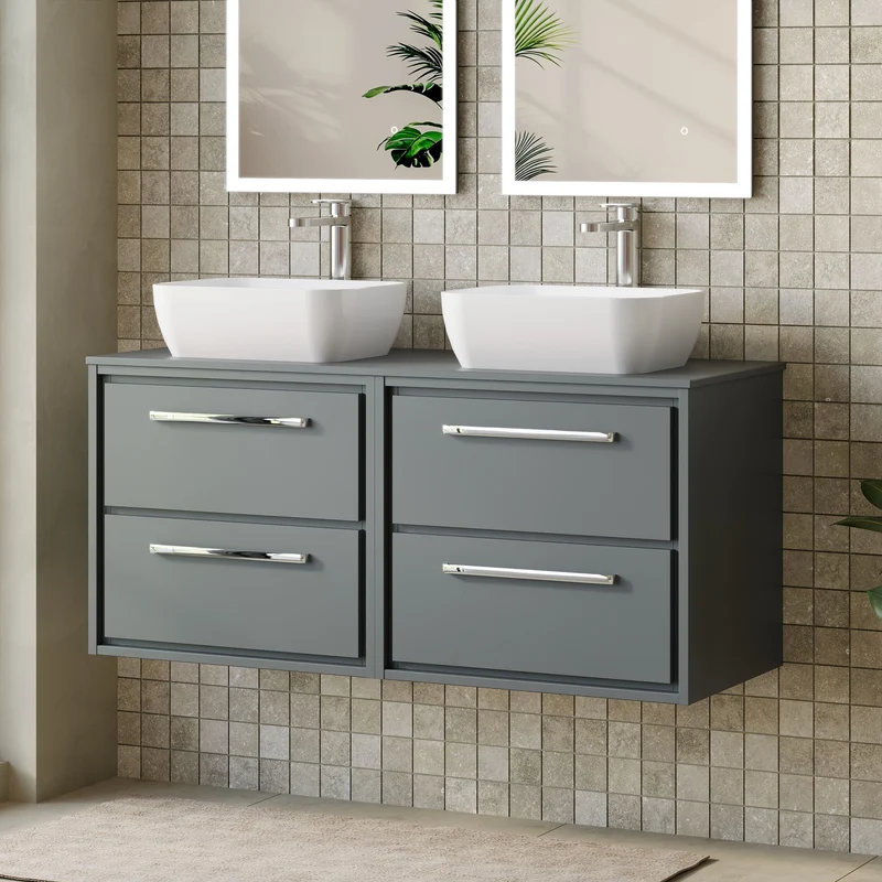 Lille 1200mm Wall Hung 4 Drawer Vanity Unit & Worktop - Coastal Grey Matt