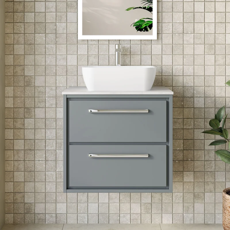Lille 600mm Wall Hung 2 Drawer Vanity Unit & White Marble Worktop - Coastal Grey Matt