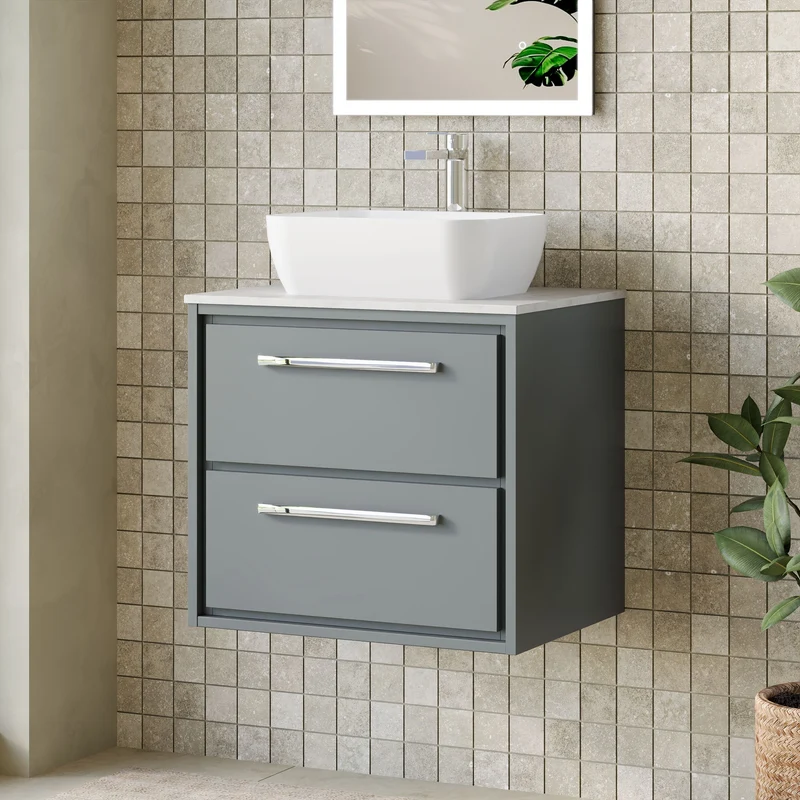 Lille 600mm Wall Hung 2 Drawer Vanity Unit & White Marble Worktop - Coastal Grey Matt