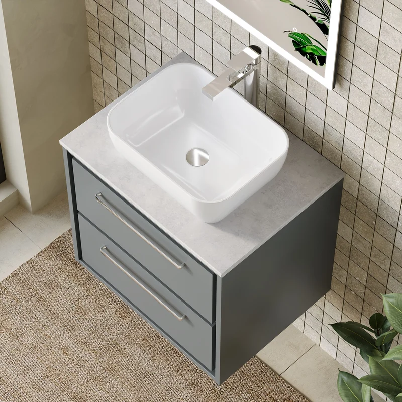 Lille 600mm Wall Hung 2 Drawer Vanity Unit & White Marble Worktop - Coastal Grey Matt