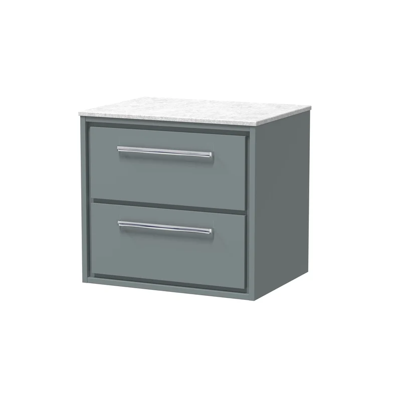 Lille 600mm Wall Hung 2 Drawer Vanity Unit & White Marble Worktop - Coastal Grey Matt