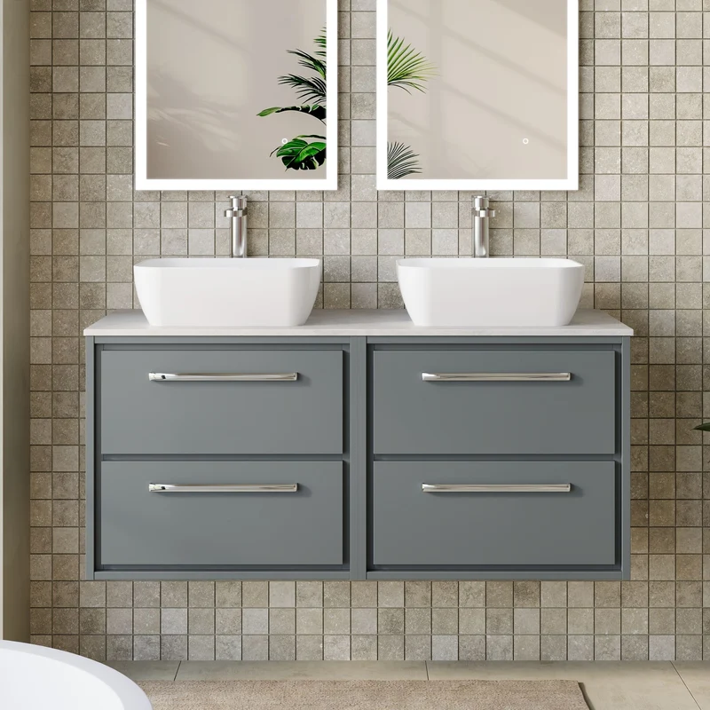 Lille 1200mm Wall Hung 4 Drawer Vanity Unit & White Marble Worktop - Coastal Grey Matt