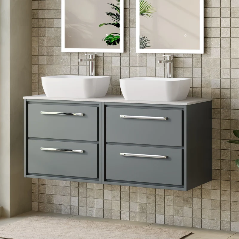 Lille 1200mm Wall Hung 4 Drawer Vanity Unit & White Marble Worktop - Coastal Grey Matt