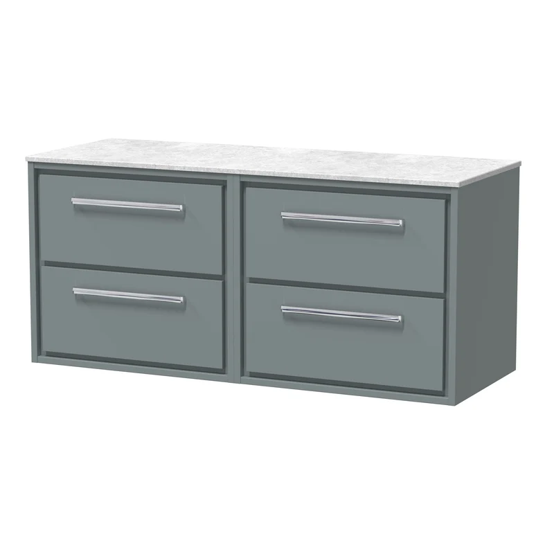 Lille 1200mm Wall Hung 4 Drawer Vanity Unit & White Marble Worktop - Coastal Grey Matt