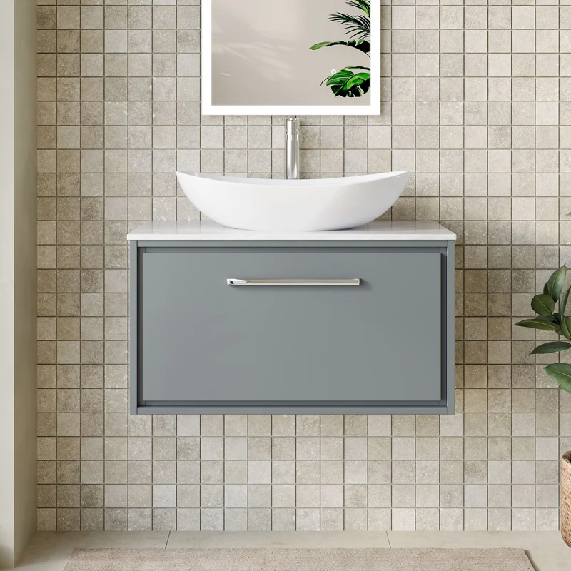 Lille 800mm Wall Hung 1 Drawer Vanity Unit & Grey Marble Worktop - Coastal Grey Matt