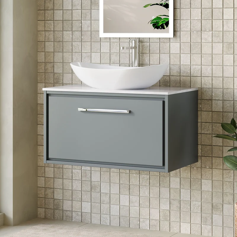 Lille 800mm Wall Hung 1 Drawer Vanity Unit & Grey Marble Worktop - Coastal Grey Matt