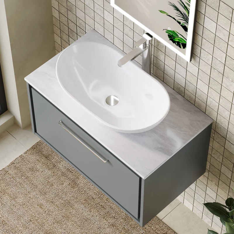 Lille 800mm Wall Hung 1 Drawer Vanity Unit & Grey Marble Worktop - Coastal Grey Matt