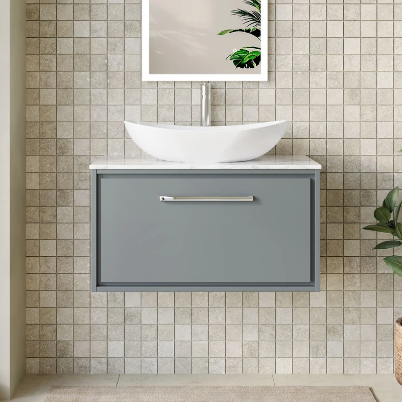 Lille 800mm Wall Hung 1 Drawer Vanity Unit & Carrera Marble Worktop - Coastal Grey Matt