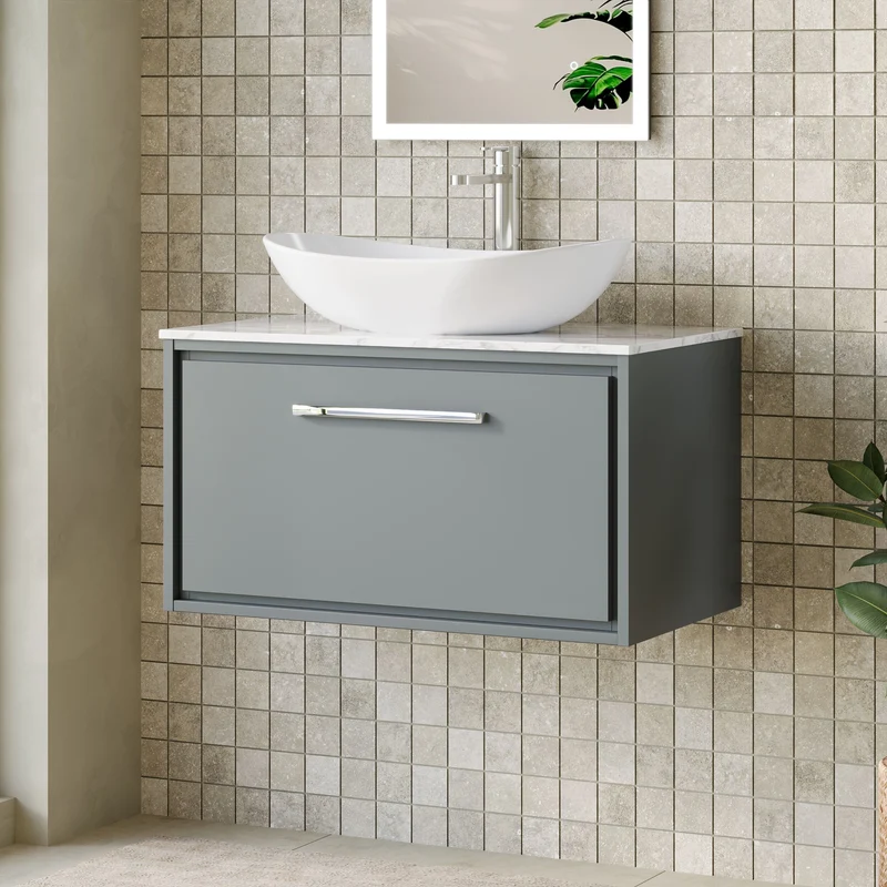 Lille 800mm Wall Hung 1 Drawer Vanity Unit & Carrera Marble Worktop - Coastal Grey Matt