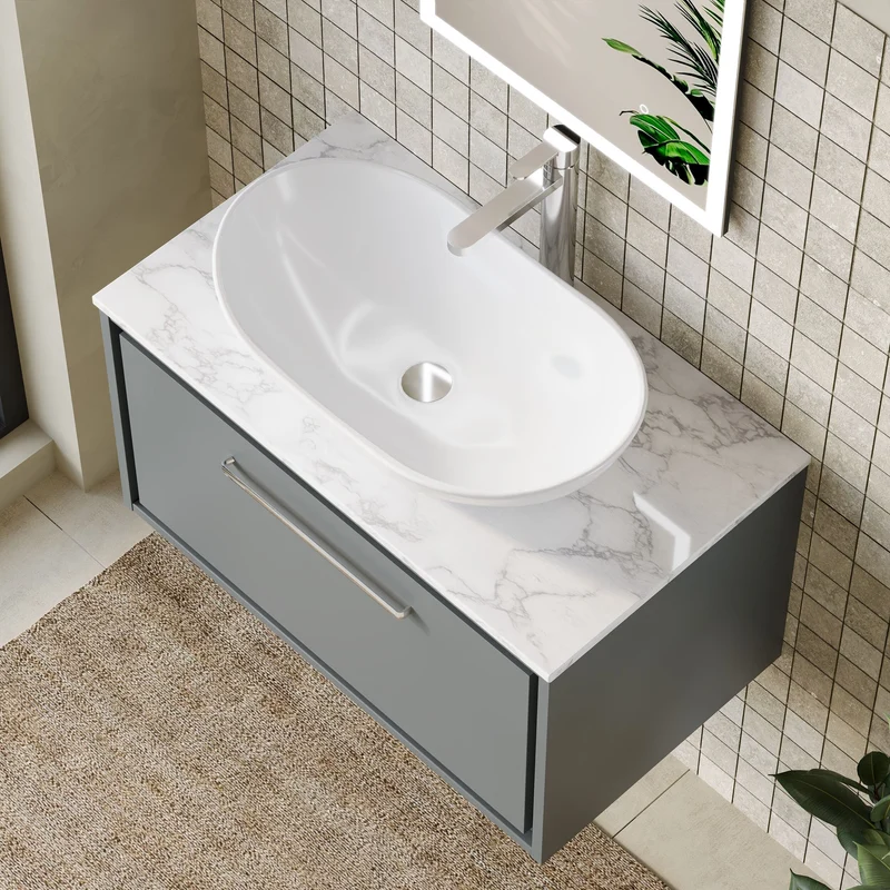 Lille 800mm Wall Hung 1 Drawer Vanity Unit & Carrera Marble Worktop - Coastal Grey Matt