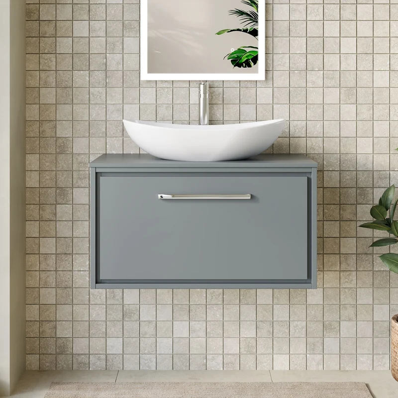 Lille 800mm Wall Hung 1 Drawer Vanity Unit & Worktop - Coastal Grey Matt