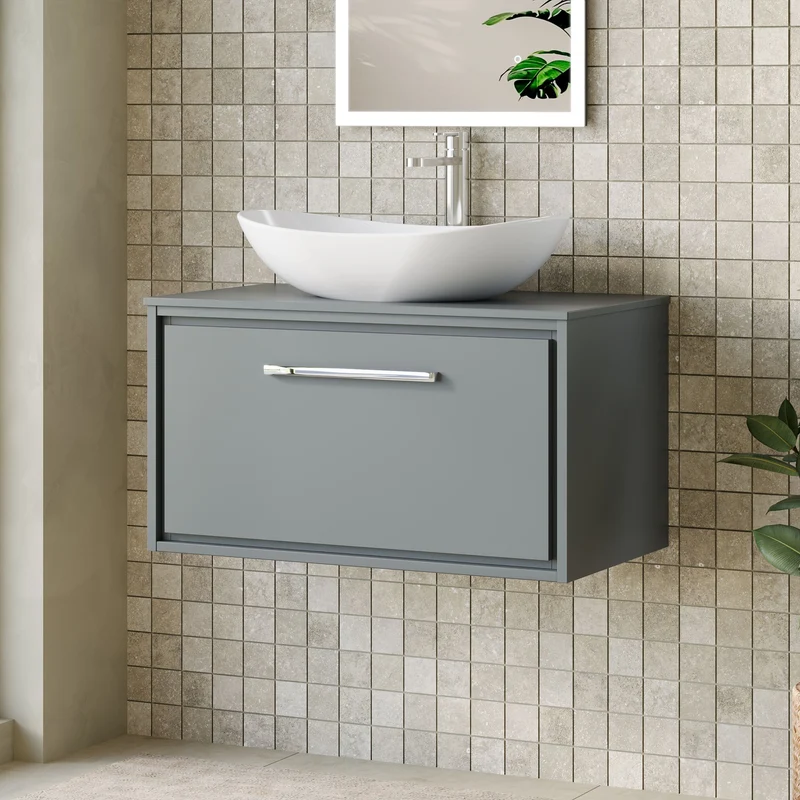 Lille 800mm Wall Hung 1 Drawer Vanity Unit & Worktop - Coastal Grey Matt