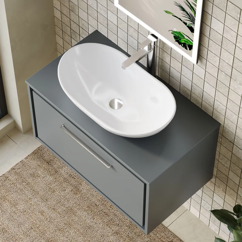 Lille 800mm Wall Hung 1 Drawer Vanity Unit & Worktop - Coastal Grey Matt