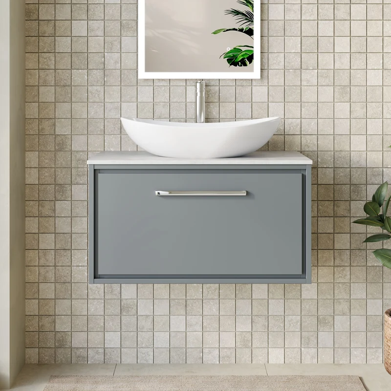 Lille 800mm Wall Hung 1 Drawer Vanity Unit & White Marble Worktop - Coastal Grey Matt